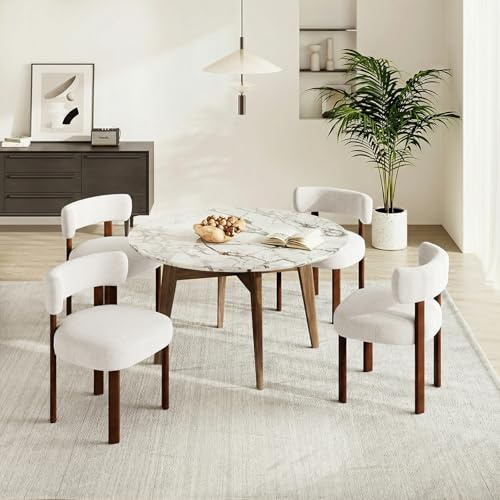 COLAMY Mid-Century Modern Design Sherpa Esszimmerstühle 4er Set, Vintage Landhaus-Stil Bouclé Küchenstühle mit offener geschwungener Rückenlehne für Esszimmer, Restaurant, Beige