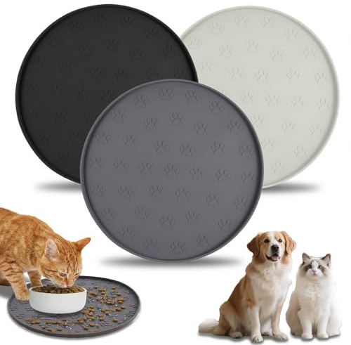 3er-Set Napfunterlage rund, Silikon-Futtermatte für Katzen und Hunde, 28 cm | Rutschfest, wasserdicht und mit erhöhtem Rand; BPA-freies Silikon, spülmaschinengeeignet, in Schwarz, Grau und Beige.