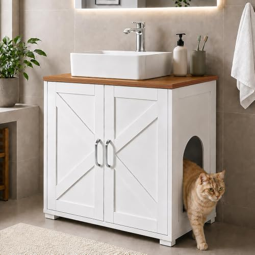 unipaws Katzenklo Schrank, 2-in-1 Waschbeckenunterschrank, Weiß/Walnuss | 60 x 44 x 60 cm, flexibler Einstieg, Belüftung, wasserabweisend, Magnettüren