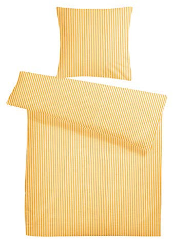 Carpe Sonno Seersucker Bettwäsche 135x200 Baumwolle | Gestreifte Bettwäsche Sommer Bettbezug 135 x 200 | Kühlende Sommerbettwäsche Bügelfreie Bettwäsche-Sets | Gelb Weiße Bettwäsche Baumwolle 135x200