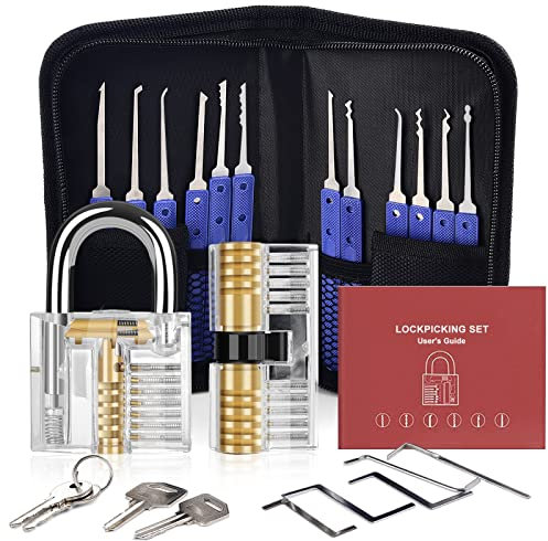 Diyife Kit de Crochetage Serrure 26 Pièces, Lock Picking Kit Outils de D’entraînement avec 2 Serrure Transparente, Poignée en Silicone Bleue Confortable, pour Serruriers Débutant et Pro