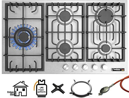 Phönix PS-905L Cuisinière à gaz encastrable en acier inoxydable avec 5 plaques de cuisson autark (autoportant/encastrée) et régulateur de tuyau de gaz pour gaz propane