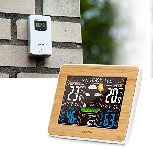 Alecto WS-1560 Funk Wetterstation mit Farbdisplay und Außensensor - Innen und Außentemperatur - Luftfeuchtigkeit - Barometer - animierte Wettervorhersage - holz