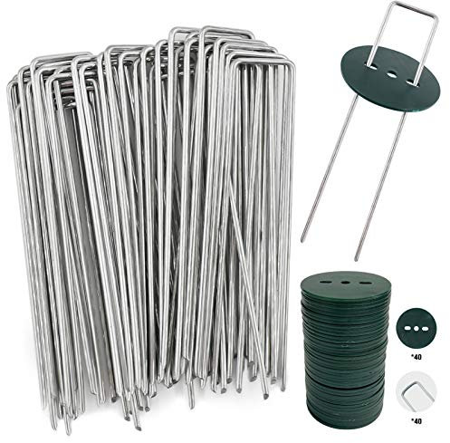 AGAKY U Shaped Securing Garden Pegs for Membrane, Anti-Rust Membrane Pegs, Garden Staples Galvanized for Artificial Grass, Landscape Netting, 40 Garden Pegs & 40 Buffer Washer