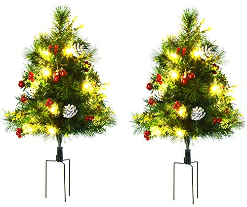 HOMCOM 2er Set Mini Künstlicher Weihnachtsbaum mit LED-Lichtern, 75 cm | 70 Spitzen, Tannenzapfen, Beere, Erdungsstecker, Künstlich Tannenbaum, Christbaum, Weihnachtsdeko, Drinnen, Wohnzimmer