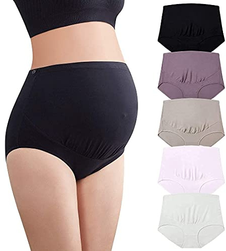 Mama Cotton Women's Over The Bump Maternity Panties High Waist Full Coverage Pregnancy Underwear (Multicolor B 5 Pack, Size-M)