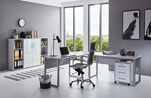 bmg-moebel.de Homeoffice Büromöbel Komplettset Office Edition Set 2 in Grau/Weiß Matt Winkelschreibtisch Rollcontainer Schrankwand Made in Germany
