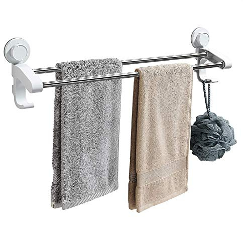 SOMESUM Porte-serviettes mural double à ventouse de 55 cm Porte-serviettes à 2 barres avec 2 petits crochets. de bain suspendues. Convient pour la salle bain et la cuisine. Installation