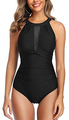 Women High Neck Tummy Control One Piece Swimsuit Swimming Costume Black,L