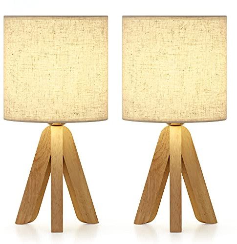 UOMIO Tripod Table Lamp Rustic Bedside Lamps Set of 2 Table Lamps with Wooden Base and Fabric Shade Wooden Lamp with E26 Sockets Tripod Lamp with Push-Button Switch for Bedrooms Living Rooms (Linen)