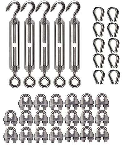 M6 Spannschlossspanner (Haken und Öse), Drahtseilspanner, Edelstahl, 5 Stück verstellbare Spannschlösser, Spanner, Set, strapazierfähig, 20 Stück 1/8 M3 Drahtseilklemme, 10 Stück M3 Schlaufenkausche