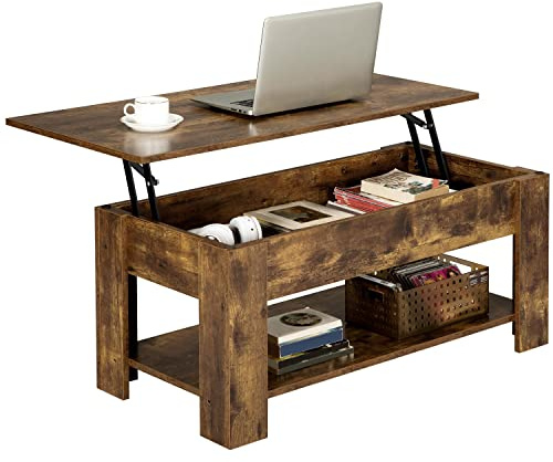 Yaheetech Mesa de Centro Elevable con Revistero Mesa para Café de Diseño Industrial Mueble Salon Comedor MDF (98x50x41,8-56) cm Marrón Rústico