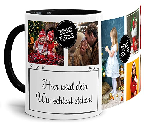 Foto-Tasse selbst gestalten mit Text & Collage für 7 Fotos - Geschenk für Familie, Freunde, Geburtstag, Weihnachten - Keramik Innen & Henkel Schwarz, 300 ml I Personalisiert