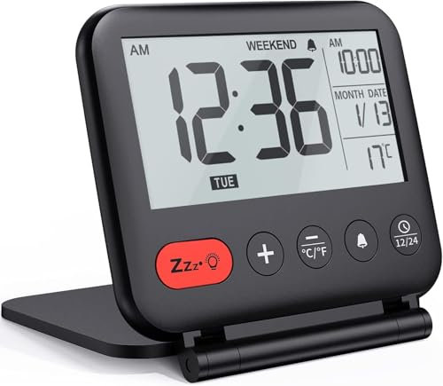 Fishtec Sveglia da viaggio mini orologio digitale LCD portatile con calendario retroilluminato 12/24H - funzione temperatura - specchio di trucco - piccolo orologio da tavolo pieghevole a batteria