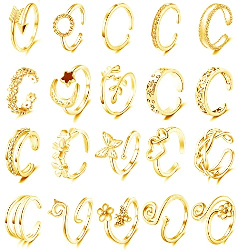 Staligue 20pcs Adjustable Toe Rings Set for Women Fingers Joint Tail Summer Beach Arrow Flower Open Rings Foot Jewelry (Golden)