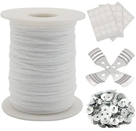 Kerzendochte, 61m Kerzen Dochten mit 2 Metallhalterung 100 Eisenbleche und 60 Double Sided Dots Wick Stickers, Naturkerzendocht für DIY Kerzenherstellung