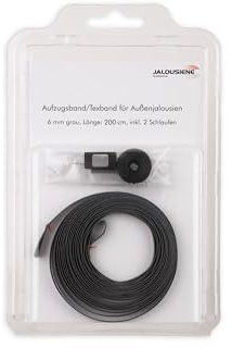 Reparatur-Set für Außenjalousien – Aufzugsband 6 × 0,33 mm (200 cm, grau) inkl. Texbandhalter & Endgummi – UV-beständig & wetterfest – Ersatzband für Jalousie & Raffstore – kompatibel mit Warema