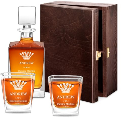 Maverton Personalised Geometric Whiskey Decanter and Glasses, Wishes | Symmetrical Carafe for him, 2/4/ 6 Customised Glasses for Man, Stylish Barware for Birthday, Whisky Set for Husband