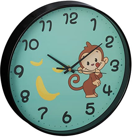 Relaxdays Orologio da Parete per Bambini, Bambine, Scimmietta, Analogico, Ø 29,5 cm, Muro Cameretta Ragazzi, Colorato