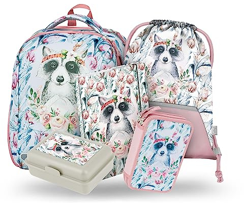 Baagl Schulranzen Mädchen Set 5 Teilig Schultasche Brustgurt - Waschbär | Shelly Hartschalen Ranzen ab 1. Klasse, Ergonomische Grundschule Schulranzen Mädchen Set 5 Teilig mit Brustgurt Waschbär