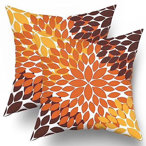 Orange Gelb Borwn Kissenbezüge, 40,6 x 40,6 cm, Dahlie, Blumenmuster, geometrische dekorative Kissenbezüge, 2er-Set, Herbst, Wurfkissen, Heimdekoration für Sofa, Schlafzimmer, Wohnzimmer