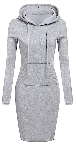 aromm Mujer Pullovers Manga Larga Slim Capucha Sudadera Vestido con Bolsillos Gris, L