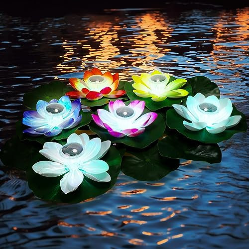 VIHOSE Lot de 16 lampes solaires flottantes à LED étanches avec coussinets de nénuphar pour piscine, étang, terrasse, jardin, piscine, décorations de fête en plein air