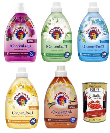 Testpaket CHANTECLAIR i Concentrati Ammorbidente, Weichspüler 5x 1000ml lang anhaltender Duft 50 Wäschen Waschmittel + Itlaian Gourmet polpa 400g