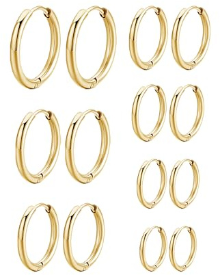 Mochity 3-7 paires Boucles d'Oreilles Créoles Argent Or 14K, Creoles Acier Inoxydable, Boucles d'Oreilles Femme Homme， Hypoallergénique Boucles D'Oreilles (Or)