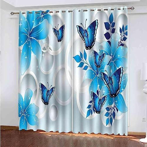 3D Verdunkelungsvorhang Ösen Blaue Schmetterlingsblume,2Er Set 140 X 160 cm Gardinen Wohnzimmer Gardinen Blickdicht Kinder Vorhänge Schlafzimmer Dekoschals Gardine -2Q2W-I1M