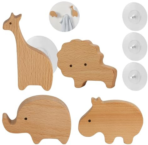 Palmcee 4Pcs Wooden Kids Coat Hooks, Cute Animal Design Wall Mounted Self Adhesive Hooks for Clothes Scarf Towels Hats Bag Key Backpacks