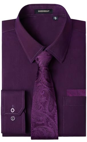 HISDERN Chemise Homme Manches Longues Chemises Habillée avec Cravate Formelle Regular Mariage avec Poche
