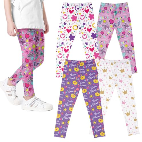 XM-Amigo 4-pack barn flickor byxor blommönster stretch leggings (2-13 år), A05, 4 år