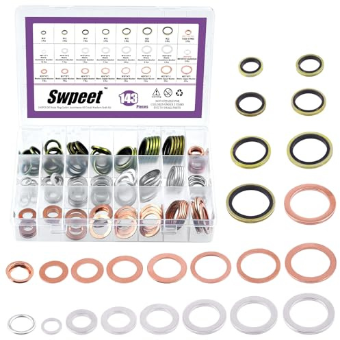 Swpeet 143Pcs M8 M10 M12 M14 M16 M18 M20 Aluminium & Cooper Washer Gasket and 2 Styles Oil Drain Plug with Yellow Zinc Plated Sealing O Rings Assortment Kit, Oil Crush Washers Seals for Most Cars