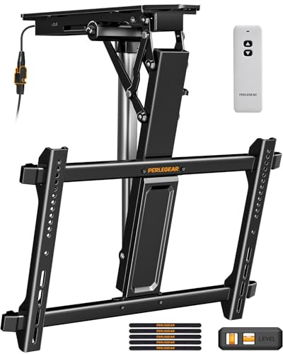 Perlegear Electric Ceiling TV Mount with Remote for 32-70 inch Flat and Curved Screen TVs up to 88 lbs, Max VESA 600x400, Motorized TV Ceiling Mount Flip Down for Flat Roof, Drop Down Ceiling Mount