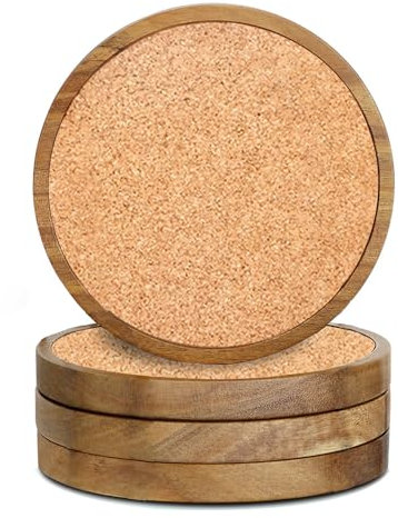 Lot de 4 dessous de verre ronds en bois d'acacia et liège absorbants 11 cm