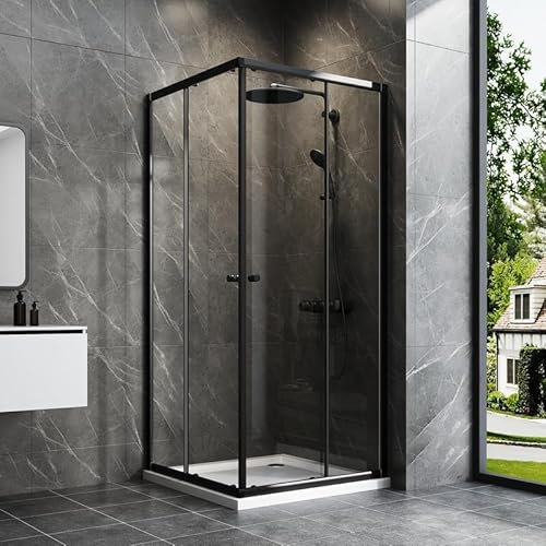 WDWRITTI Eckeinstieg Duschkabine 75x90cm Schiebetür Schwarz Duschabtrennung, Glas Duschschiebetür Duschwand Dusche mit Doppel Schiebetür mit 6mm ESG-Sicherheitsglas, Duschkabine Höhe 185cm