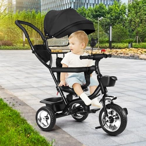 OHMG Dreirad 4 in1 Kinderdreirad mit Schubstange Stange,Drehbarer Sitz,ab 1 Jahr,Gummiräder Buggy Fahrrad Baby Klappbar,Ausklappbarem Verdeck,Korb,Pedal,bis 25 kg (Schwarz)