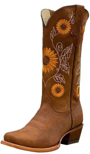 Ulalaza Botas de mujer Botas de vaquero occidental Botas de vaquera a media pantorrilla Botas altas con punta puntiaguda bordadas de tacón grueso Botas cortas hasta la rodilla con punta cuadrada