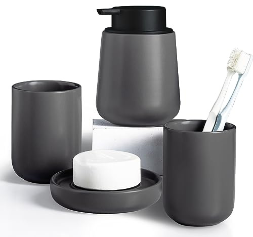 INGOFIN Juego de accesorios de baño, accesorios de baño de cerámica para el hogar y el hotel, incluye dispensador de jabón, tazas para cepillos de dientes, vasos y jabonera, juego de 4, gris