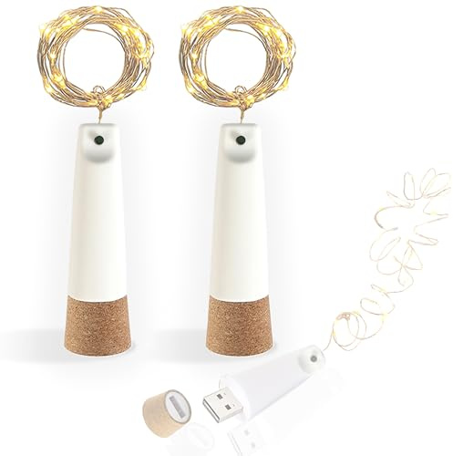 USB Wiederaufladbare Flaschenlichter, 2M 20 LED Korklichter für Flaschen, 8 Modi Kupferdraht LED Lichterkette, DIY Dekoration für Weihnachten, Hochzeit, Party, Außenbereich, Gläser (Warmweiß, 2 Stück)