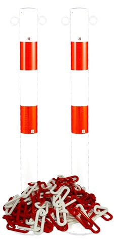 UvV Stahl Sperrpfostenset (2 Stück) Pulverbeschichtet weiß, rot - Rund Ø60,3 mm mit Fußplatte zum Anschrauben (80 cm + Kette)