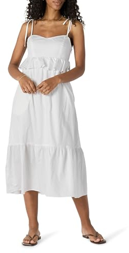 Amazon Essentials Damen Gestuftes Fit and Flare-Maxikleid Aus Baumwollsatin Mit Herzausschnitt Und Empire-Taille, Weiß, M