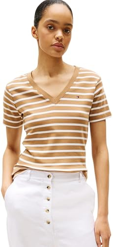 Tommy Hilfiger Camiseta de Manga Corta Mujer New Slim Cody con Cuello de Pico, Multicolor (Hickory/Ecru STP), L