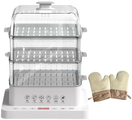 pedenencelia Vaporera Alimentos 3 Niveles,Vaporera Eléctrica para Alimentos,Utensilios Cocina,Pantalla Digital Led,Plegable,6 Modos Cocción,con Un Par De Guantes Aislantes del Calor, 40 L