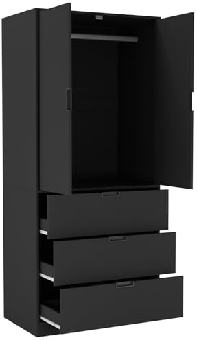 URBNLIVING Modern 2 Door Wardrobe with 3 Drawers & Hanging Rail, Stylish Freestanding Storage, Spacious Interior, Durable Chipboard Build, Easy to Assemble Bedroom Furniture