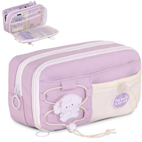 Amythe Trousses Écoliers Imperméables, Trousse Fille 4 Compartiments Grande Capacité pour Primaire Collège, Trousse Scolaire Kawaii Cartoon, Trousse à Crayons pour la Rentrée Scolaire, Violet