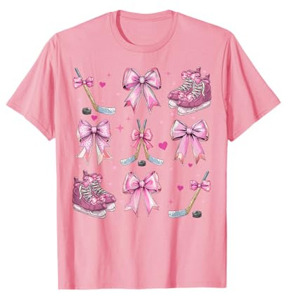 Ice Hockey Stick Hockey Skates Girl Coquette Bow Pink Mom T-Shirt