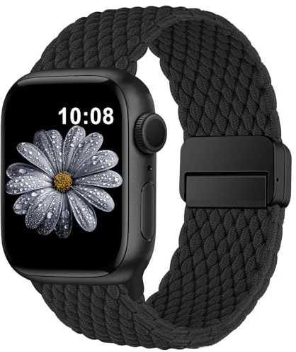 AMSKY Tressé Elastique Compatible avec Bracelet Apple Watch Se 40mm 44mm 42mm 46mm 41mm 45mm 38mm Femme Homme, Nylon Sport Bracelet avec Boucle Magnétique pour Serie 11 10 9 8 7 6 5 4, SE 3 2 1