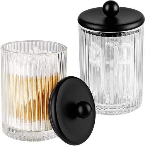 SheeChung 2-Pack Glass Qtip Holder - Apothecary Jars Bathroom Organizer with Metal Lids - Countertop Vanity Canister Set for Cotton Swabs, Rounds, Floss Picks-Modern Luxury Decor(Black Ribbed)